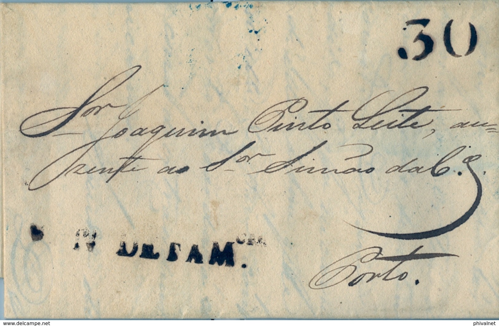 1843 , PORTUGAL PREFILATELIA , VILANOVA DE FAMALIÇAO - PORTO , MARCA LINEAL , PORTEO " 30 " , LLEGADA - ...-1853 Prephilately