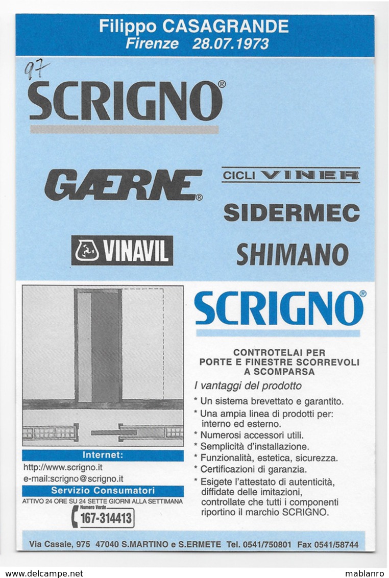 CARTE CYCLISME STEFANO CASAGRANDE TEAM SCRIGNO - GAERNE 1997 - Ciclismo