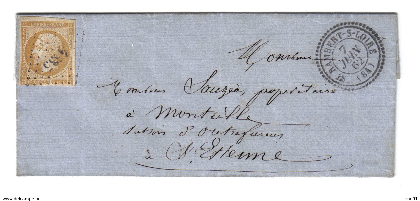 LOIRE PC4335/13B C22 ST RAMBERT S LOIRE 1862 LETTRE AVEC TEXTE POUR ST ETIENNE - 1849-1876: Periodo Classico