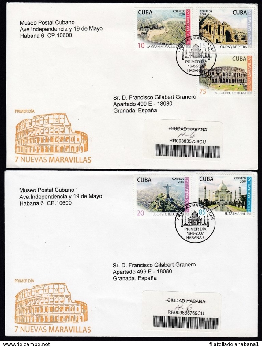 2007-FDC-115 CUBA FDC 2007. REGISTERED COVER TO SPAIN. NEW MARVELS, CHINA WALLS, PETRA, ROMA COLISEUM, - FDC