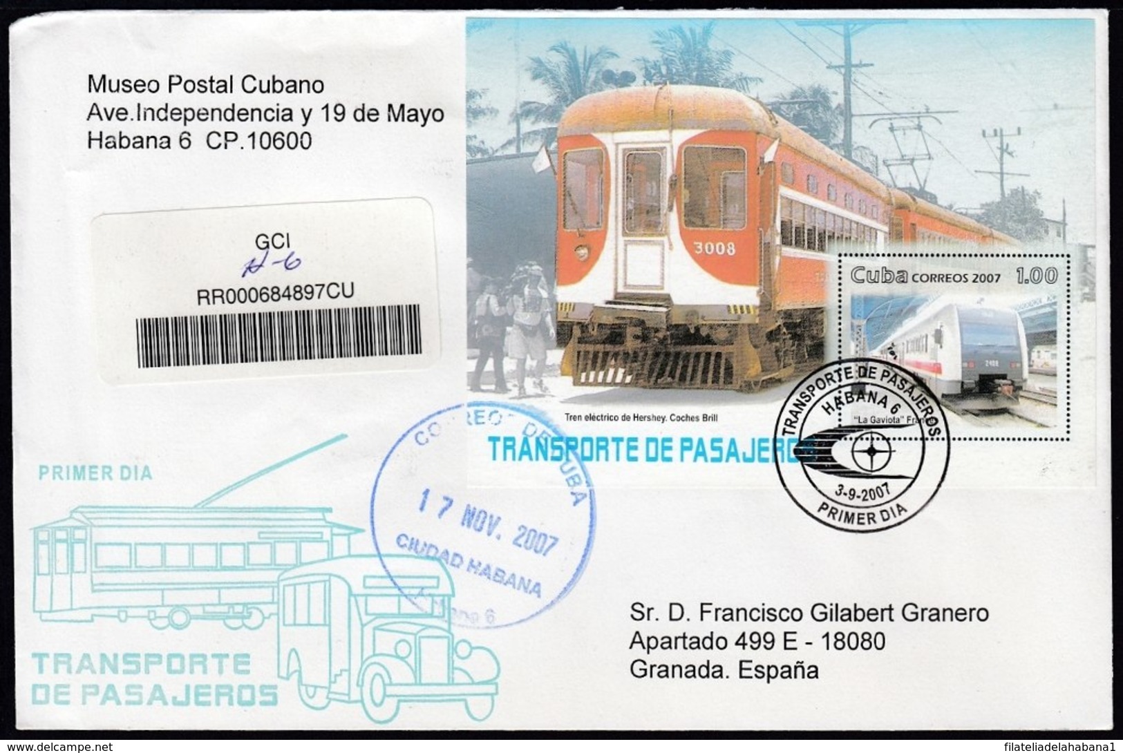 2007-FDC-118 CUBA FDC 2007. REGISTERED COVER TO SPAIN. TRANSPORTE PASAJEROS, TAXI, COCOTAXI, BUS, OMNIBUS, RAILROAD. - FDC