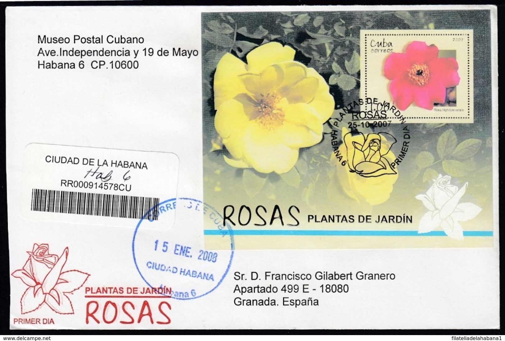 2007-FDC-119 CUBA FDC 2007. REGISTERED COVER TO SPAIN. PLANTAS DE JARDIN, GARDEN FLOWERS, ROSE, ROSA. - FDC