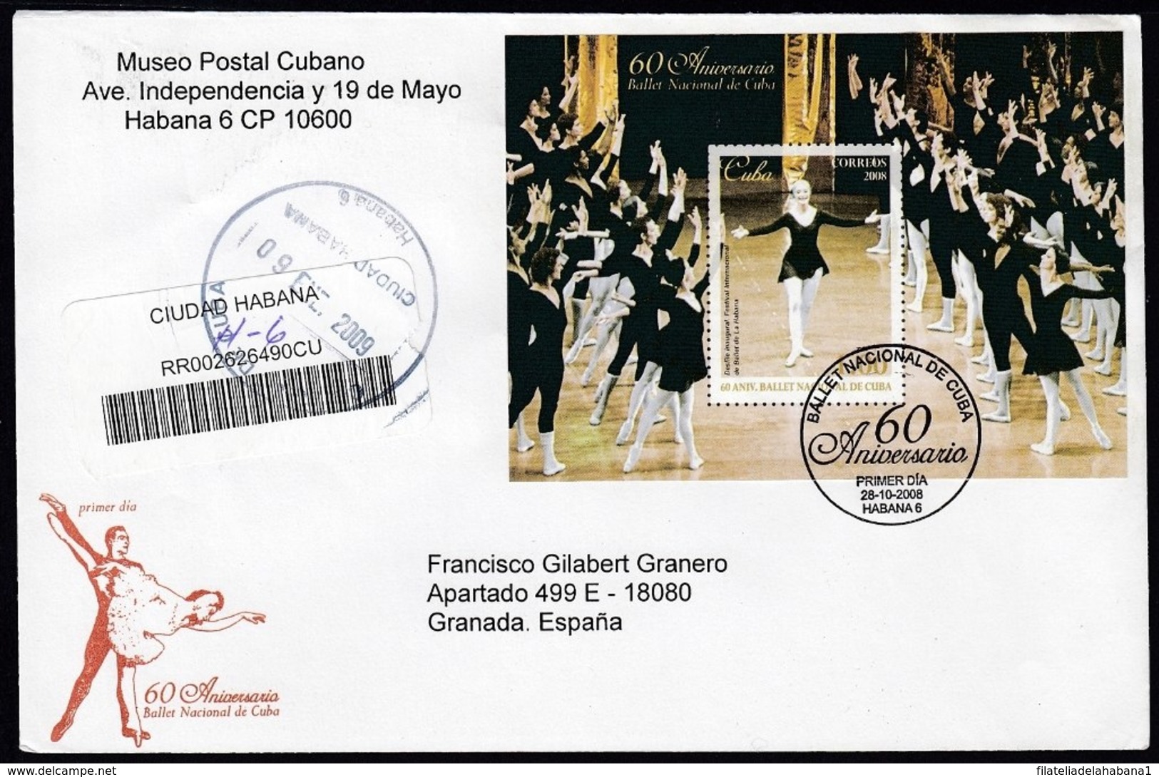 2008-FDC-36 CUBA FDC 2008. REGISTERED COVER TO SPAIN. 60 ANIV BALLET NACIONAL, ALICIA ALONSO, GISELLE, CASCANUECES. - FDC