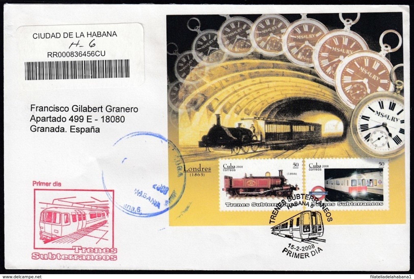 2008-FDC-40 CUBA FDC 2008. REGISTERED COVER TO SPAIN. FERROCARRIL SUBTERRANEO, SUBWAY RAILROAD, MEXICO, - FDC