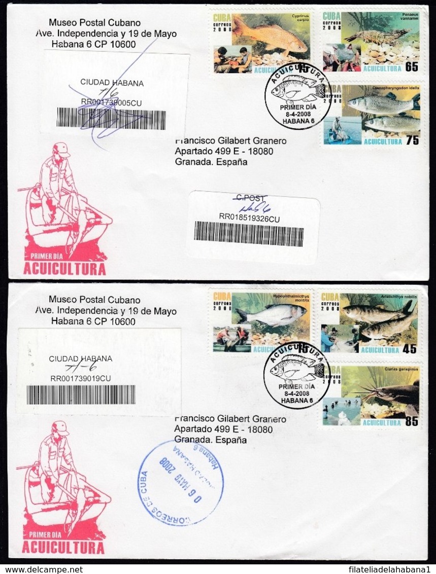 2008-FDC-44 CUBA FDC 2008. REGISTERED COVER TO SPAIN. ACUICULTURA, FISH, PECES, LOBSTER, LANGOSTA, - FDC