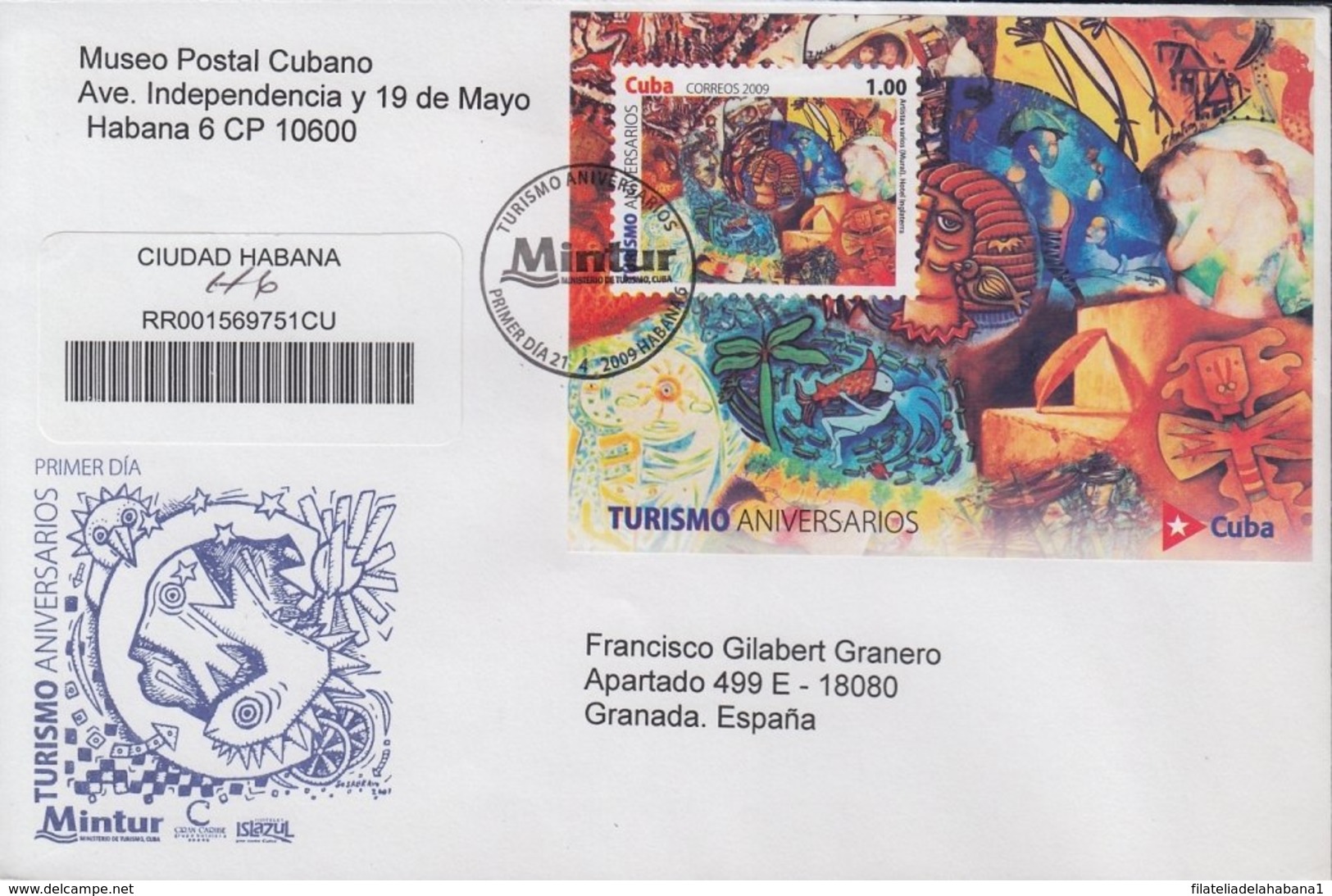 2009-FDC-70 CUBA FDC 2009. REGISTERED COVER TO SPAIN. TURISMO, ARTE, ART HOTEL, BODEGUITA DEL MEDIO, BELLO CARIBE. - FDC