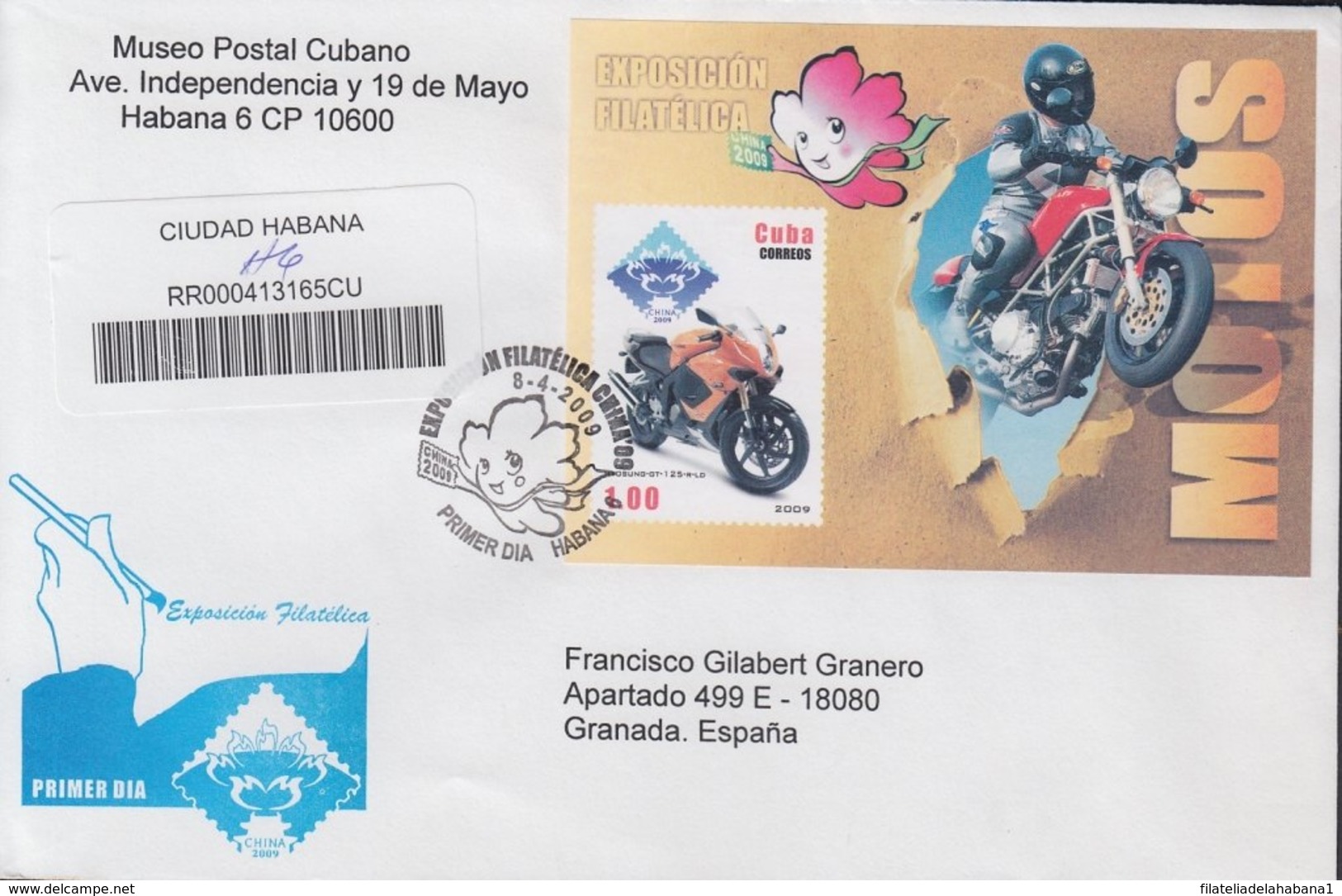 2009-FDC-83 CUBA FDC 2009. REGISTERED COVER TO SPAIN. PHILATELIC EXPO CHINA, MOTO, MOTORCYCLE. - FDC