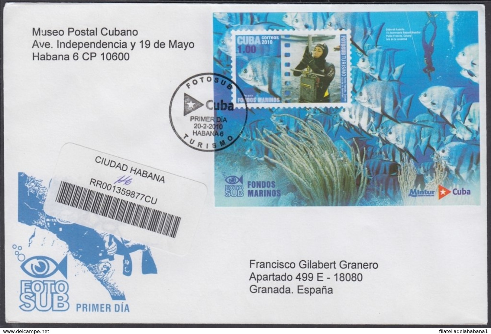 2010-FDC-64 CUBA FDC 2010. REGISTERED COVER TO SPAIN. FOTOSUB, FOTOGRAFIA SUBACUATICA, FISH, SNAIL. - FDC