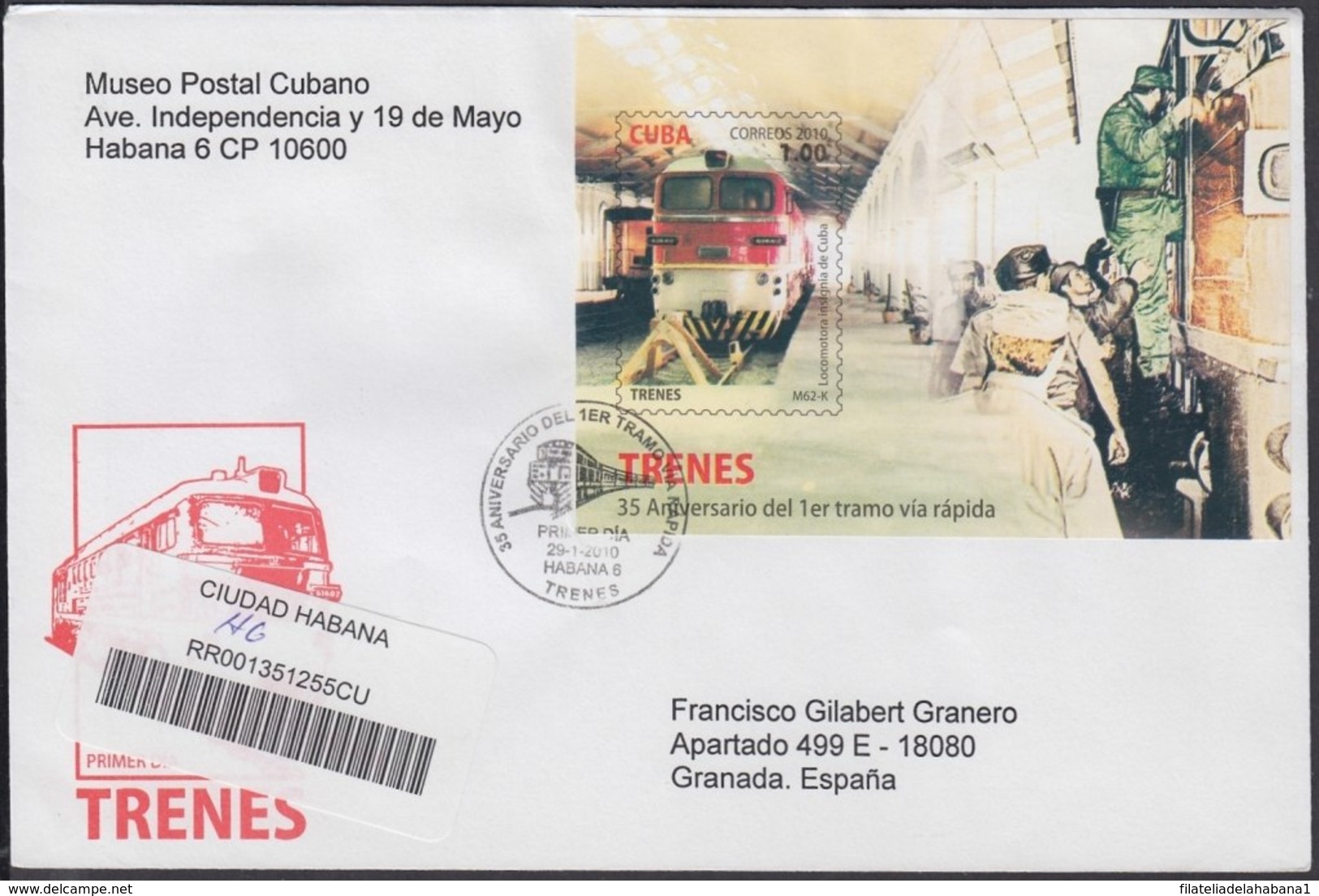 2010-FDC-67 CUBA FDC 2010. REGISTERED COVER TO SPAIN. TRENES, RAILROAD, RAILWAYS, FIDEL CASTRO. - FDC