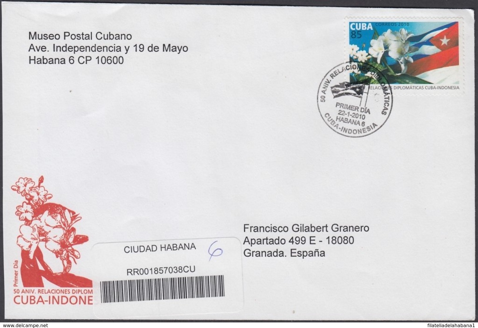 2010-FDC-71 CUBA FDC 2010. REGISTERED COVER TO SPAIN. 50 ANIV RELACIONES CON INDONESIA, FLOWERS, FLORES. - FDC