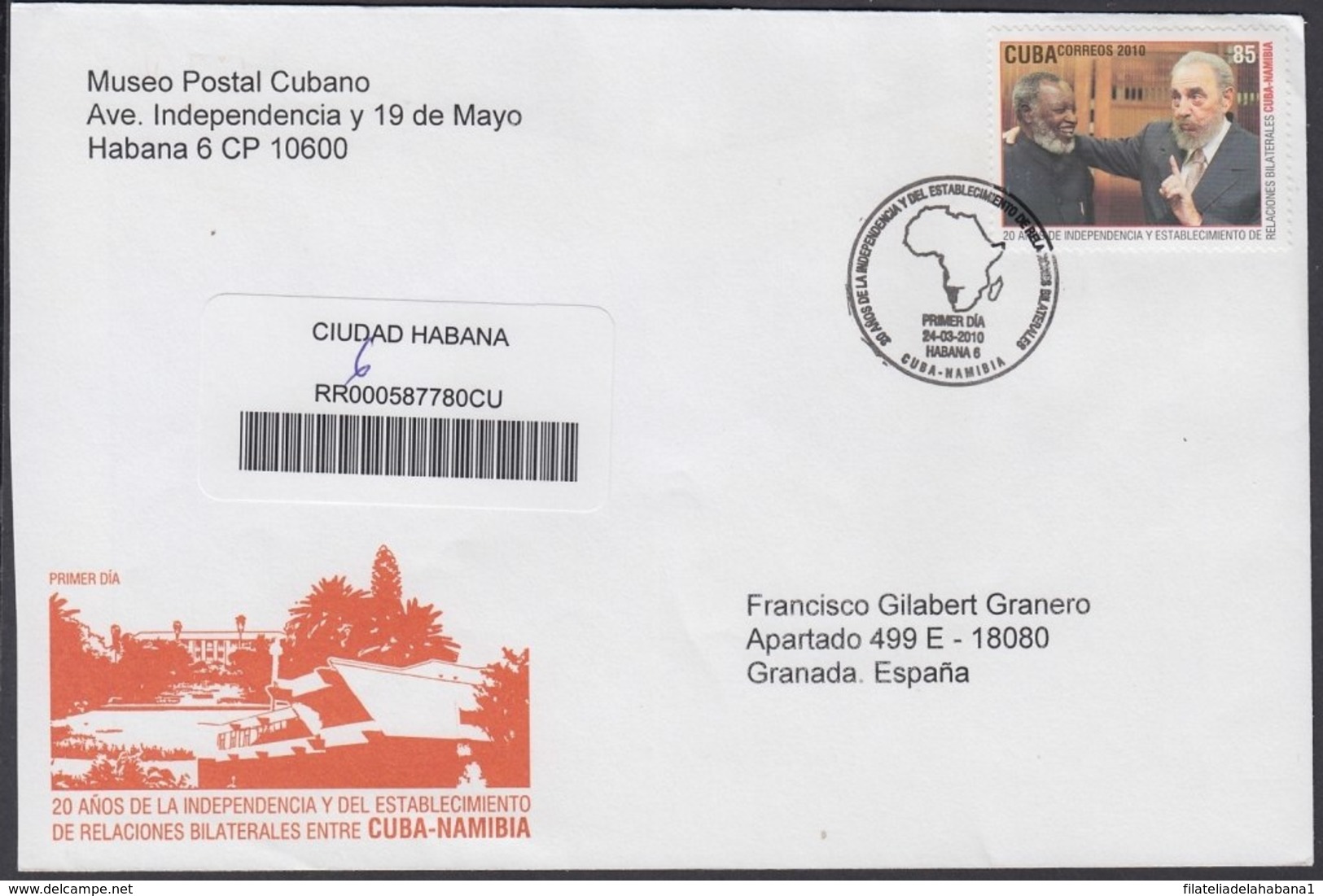 2010-FDC-77 CUBA FDC 2010. REGISTERED COVER TO SPAIN. 20 ANIV RELACIONES NAMIBIA, SAN NUJOMA, FIDEL CASTRO. - FDC