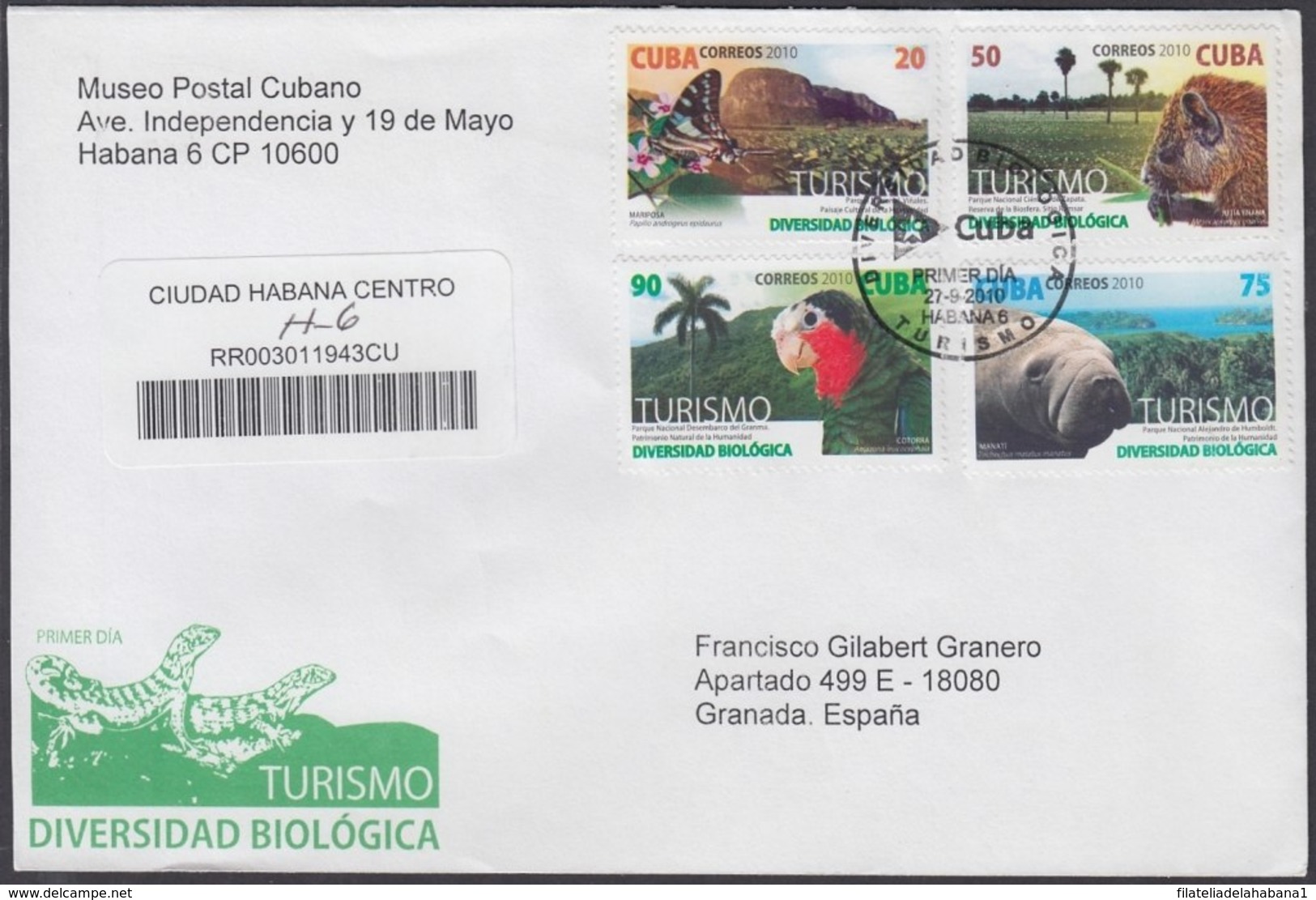2010-FDC-82 CUBA FDC 2010. REGISTERED COVER TO SPAIN. DIVERSIDAD BIOLOGICA, TURISMO, BUTTERFLIES, MARIPOSAS, - FDC