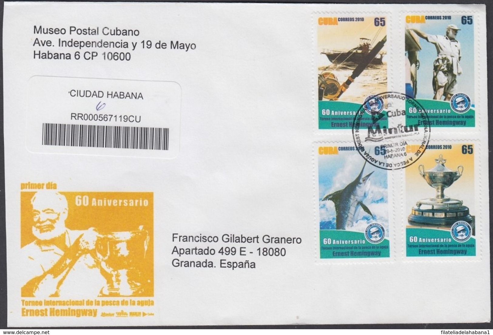 2010-FDC-88 CUBA FDC 2010. REGISTERED COVER TO SPAIN. TORNEO PESCA AGUJA ERNEST HEMNINGWAY, MARLIN FISHING CUP. - FDC