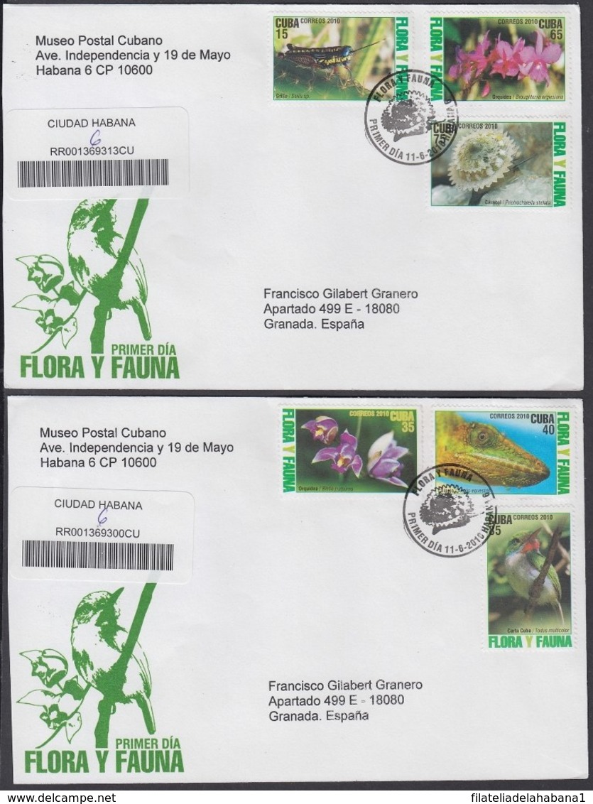 2010-FDC-94 CUBA FDC 2010. REGISTERED COVER TO SPAIN. FLORA Y FAUNA, INSECTS, SNAIL, FLOWERS, BIRDS, AVES, PAJAROS. - FDC