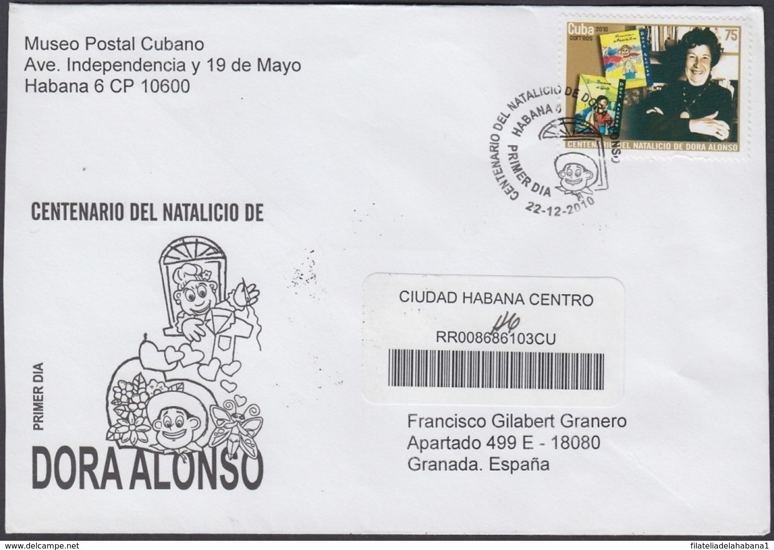 2010-FDC-97 CUBA FDC 2010. REGISTERED COVER TO SPAIN. DORA ALONSO, CHILDREN BOOK. - FDC