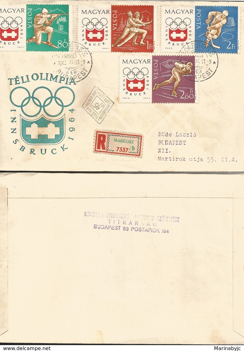 J) 1964 HUNGARY, WINTER OLYMPICS, SKATING ON ICE, HOCKEY ON ICE, REGISTERED, MULTIPLE STAMPS, AIRMAIL, CIRCULATED COVER, - Covers & Documents