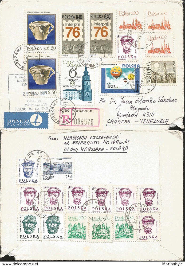 J) 1987 POLAND, REGISTERED, EXCESS OF PORTE, HIGH RATE, MULTIPLE STAMPS, AIRMAIL, CIRCULATED COVER FROM POLAND TO CARACA - Covers & Documents