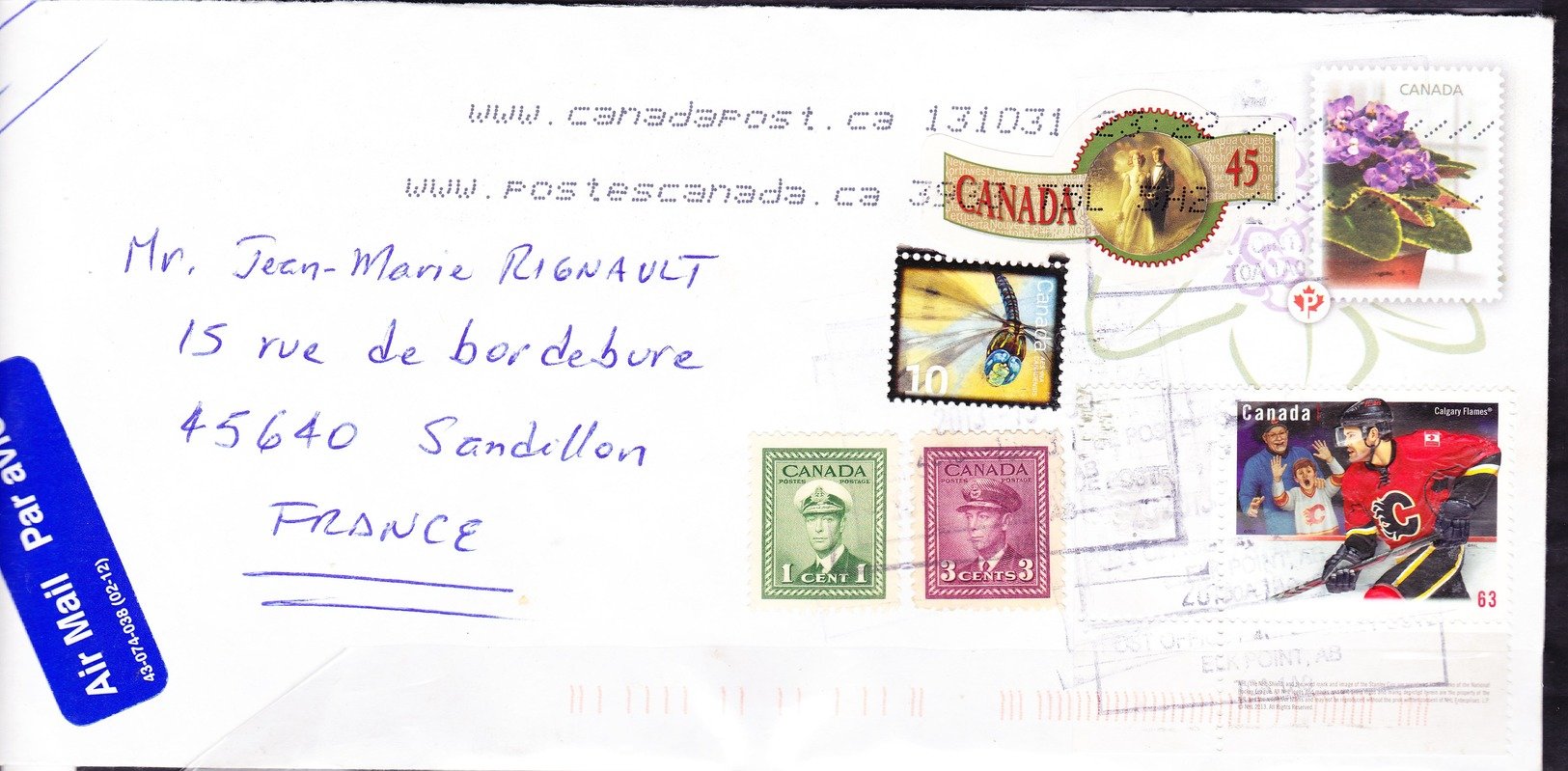 CANADA 2013 POSTAL STATIONARY COVER TO FRANCE FLOWERS + WEDDING & HOCKEY CALGARY FLAMES STAMPS - Lettres & Documents