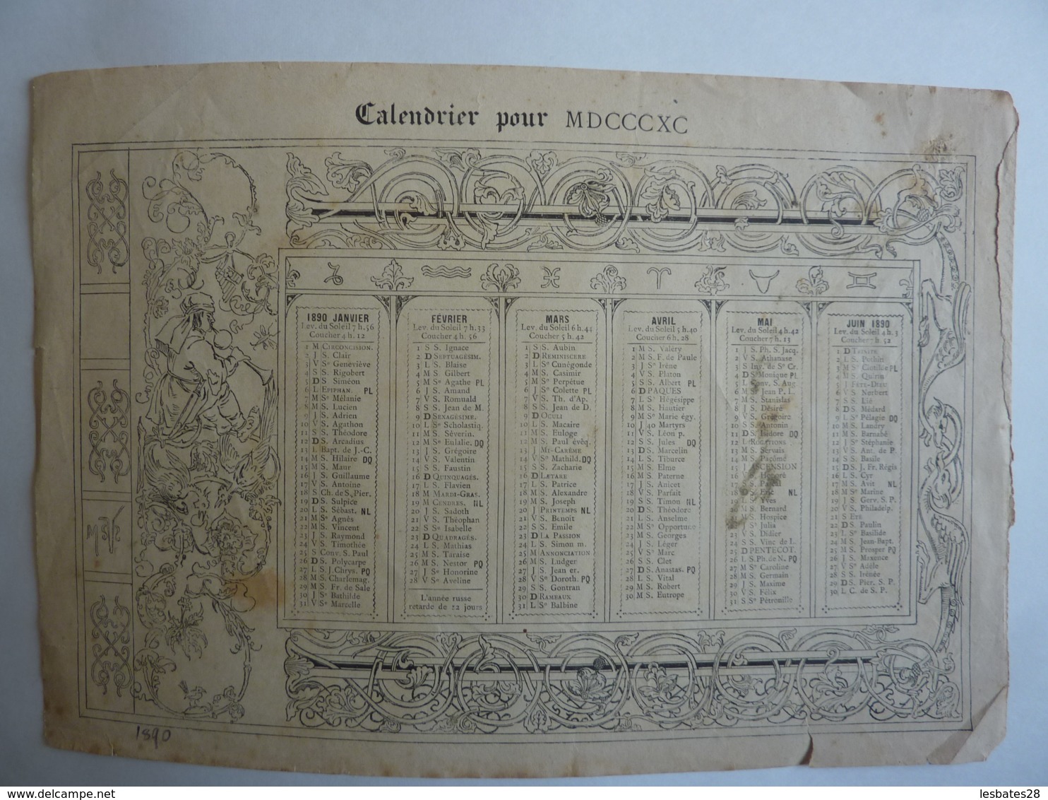 ALMANACH , Calendrier  1890 -1er SEMESTRIEL  Seulement Lithographie  Allégorie ARABESQUE MUSIQUE Fvr 2019 Alb 4 -2 - Groot Formaat: ...-1900