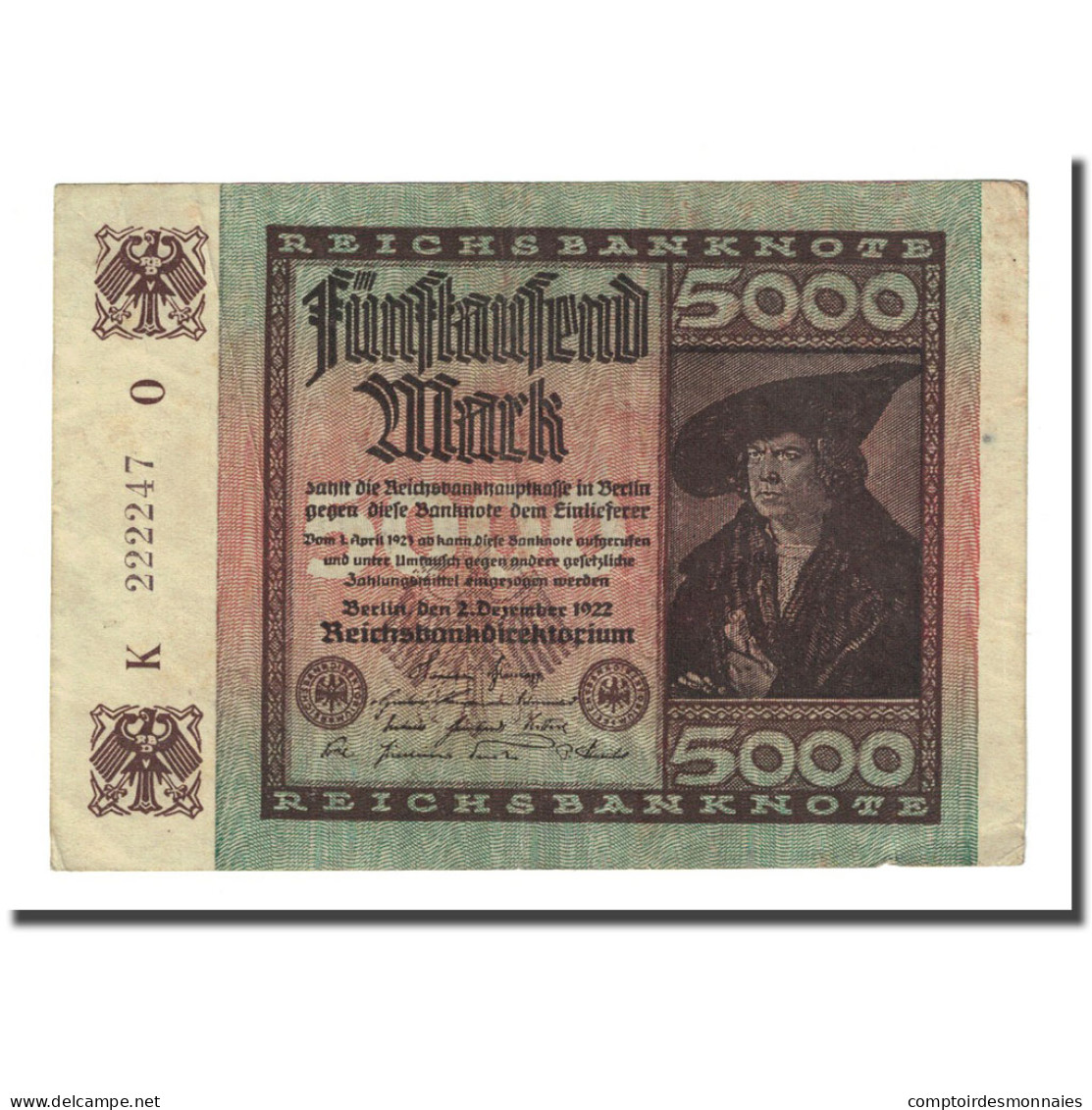 Billet, Allemagne, 5000 Mark, 1922-12-02, KM:81a, TTB - 5.000 Mark