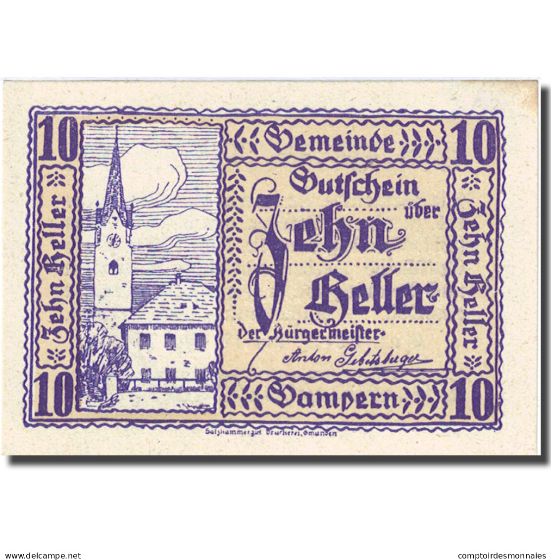 Billet, Autriche, Gampern, 10 Heller, Eglise, 1920, 1920-05-12, SPL, Mehl:FS 221 - Autriche