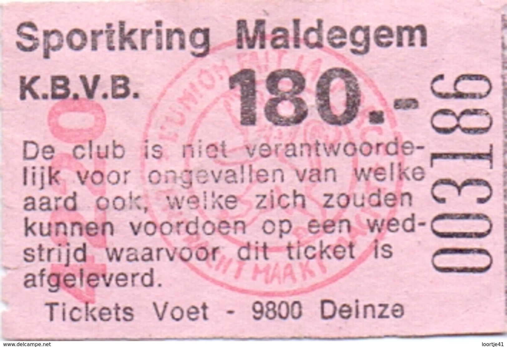 Ticket D' Entrée Ingangsticket - Voetbalploeg Sportkring Maldegem - 180 Frank - Tickets D'entrée