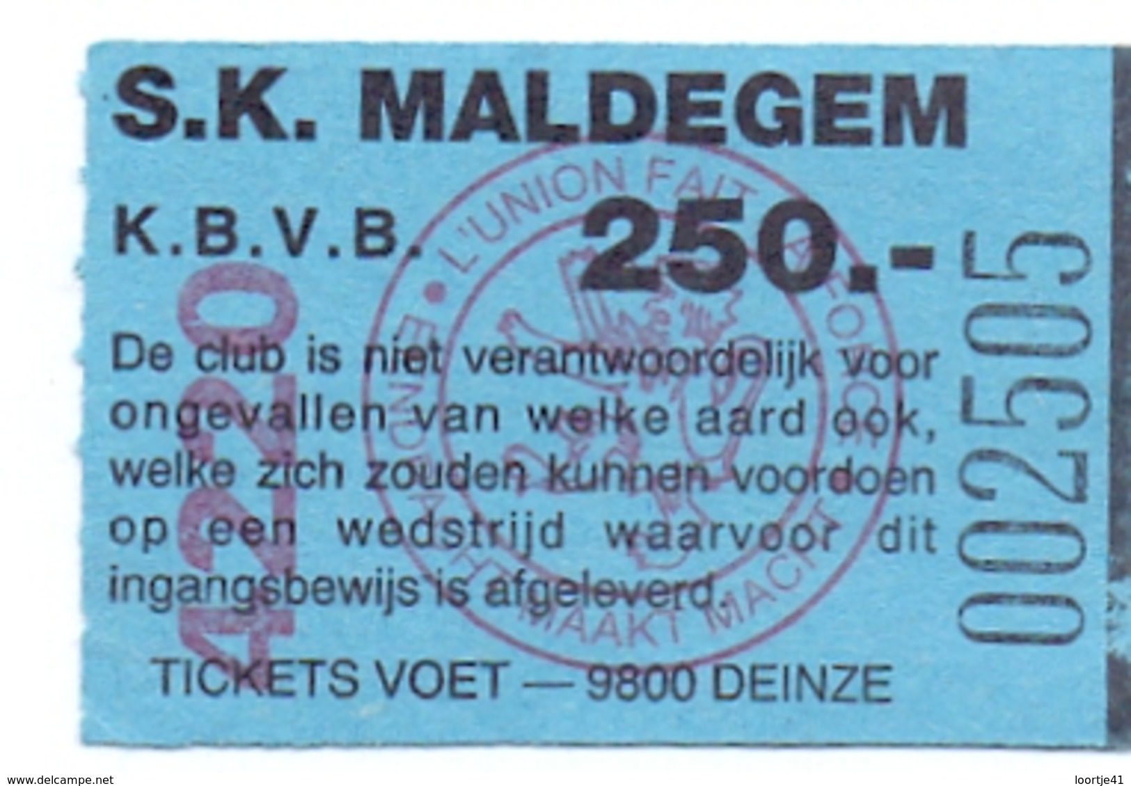 Ticket D' Entrée Ingangsticket - Voetbalploeg S.K. Maldegem - 250 Frank - Biglietti D'ingresso