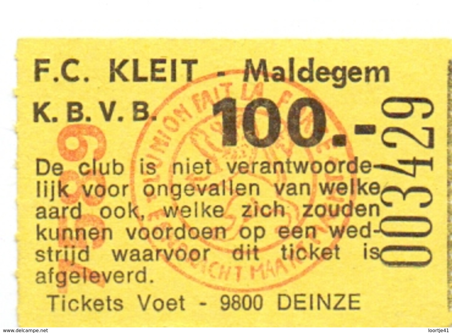 Ticket D' Entrée Ingangsticket - Voetbalploeg F.C.Kleit Maldegem - 100 Frank - Tickets D'entrée