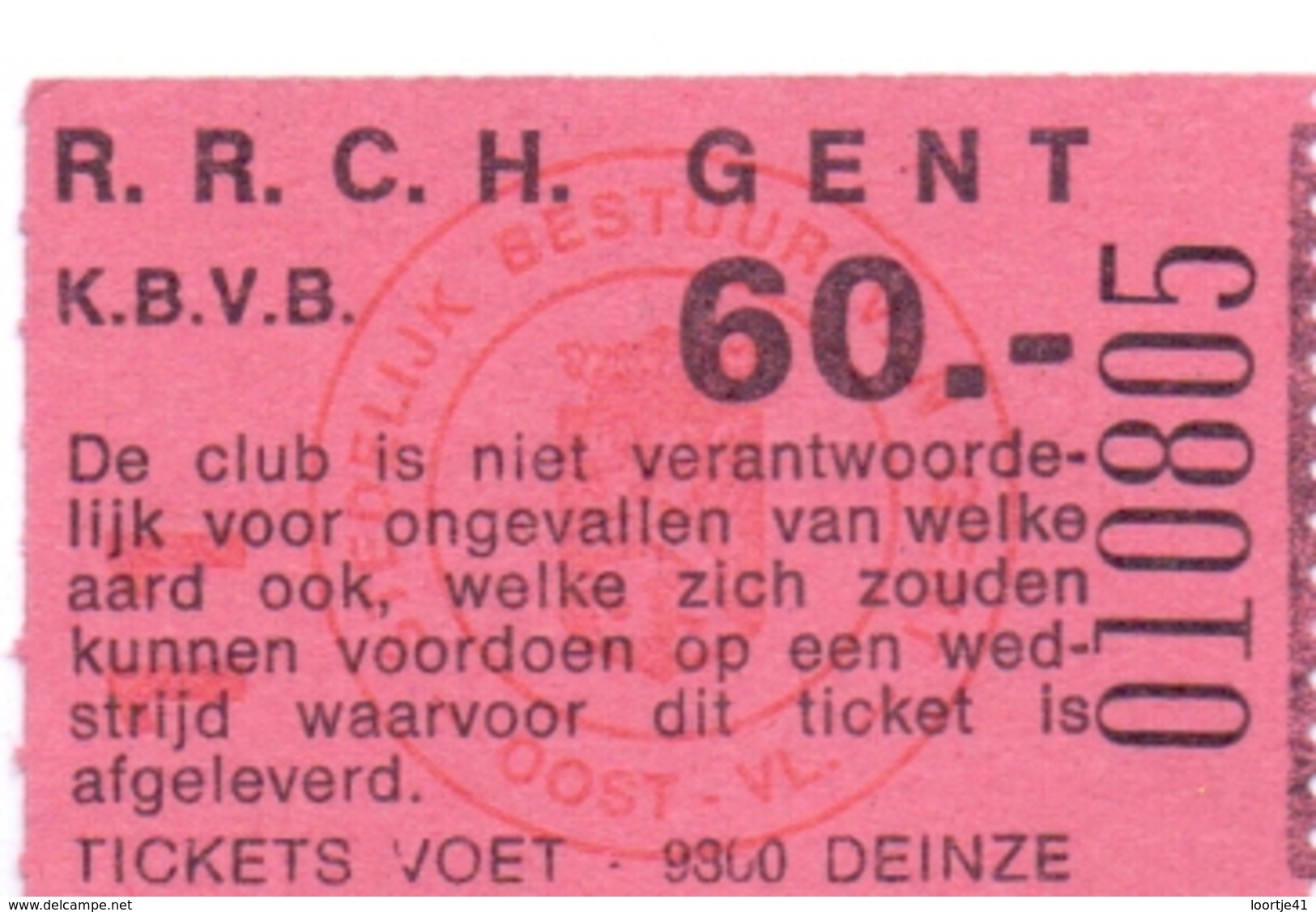 Ticket D' Entrée Ingangsticket - Voetbalploeg R.R.C.H. Gent - 60 Frank - Tickets - Entradas