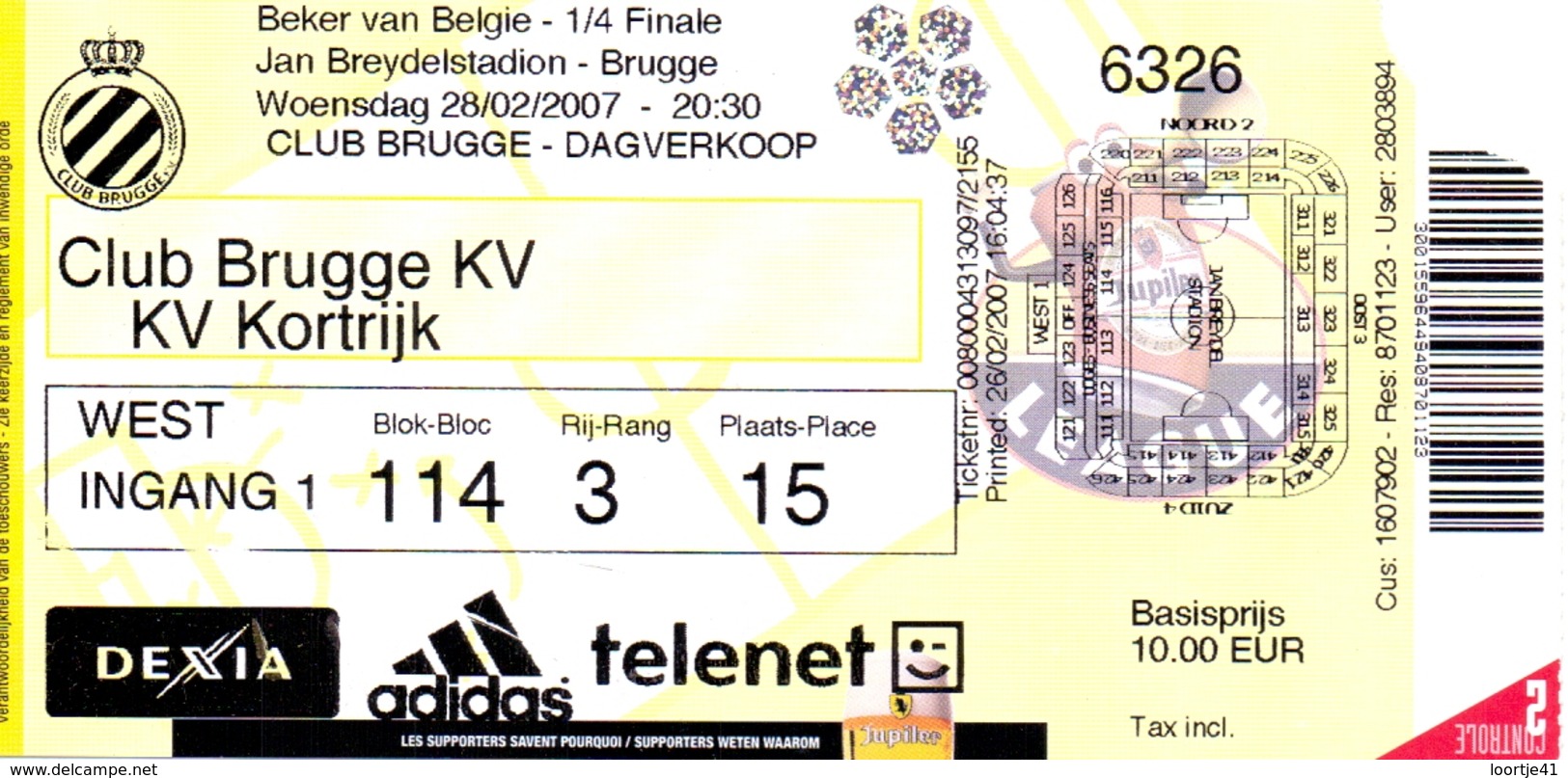 Ticket D' Entrée Ingangsticket - Voetbalploeg Club Brugge K.V. - K.V. Kortrijk - 2007 - Tickets D'entrée