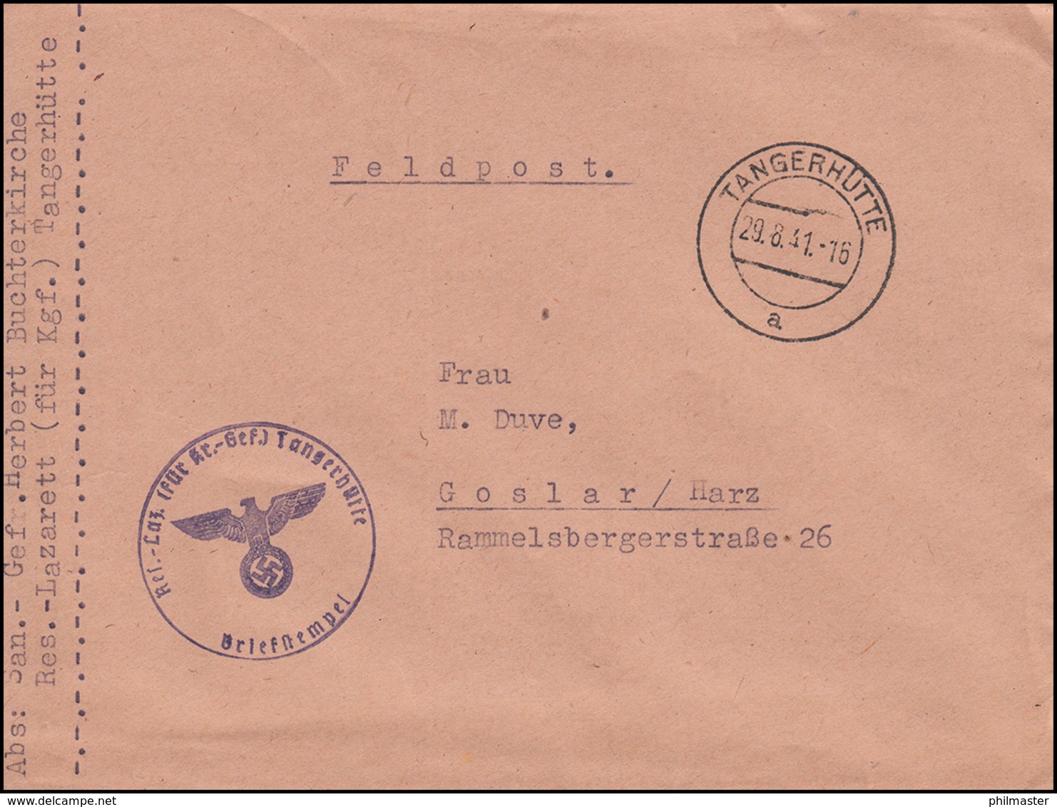 Feldpost Reserve-Lazarett Für Kriegsgefangene TANGERHÜTTE 29.8.41 N. Goslar - Besetzungen 1938-45
