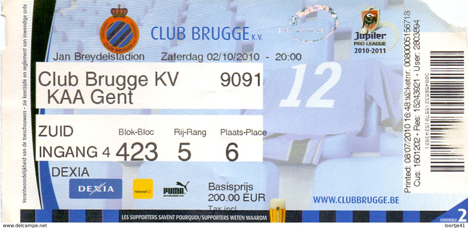Ticket D' Entrée Ingangsticket - Voetbalploeg Club Brugge K.V. - K.A.A. Gent - 2010 - Biglietti D'ingresso