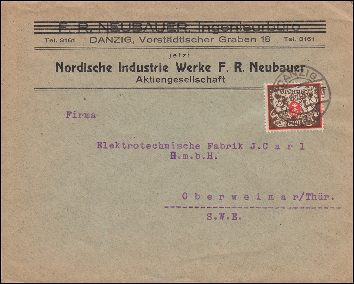 Danzig 145 Staatswappen 1000 Mark Auf Brief DANZIG 8.8.1923 Nach Oberweimar - Sonstige & Ohne Zuordnung