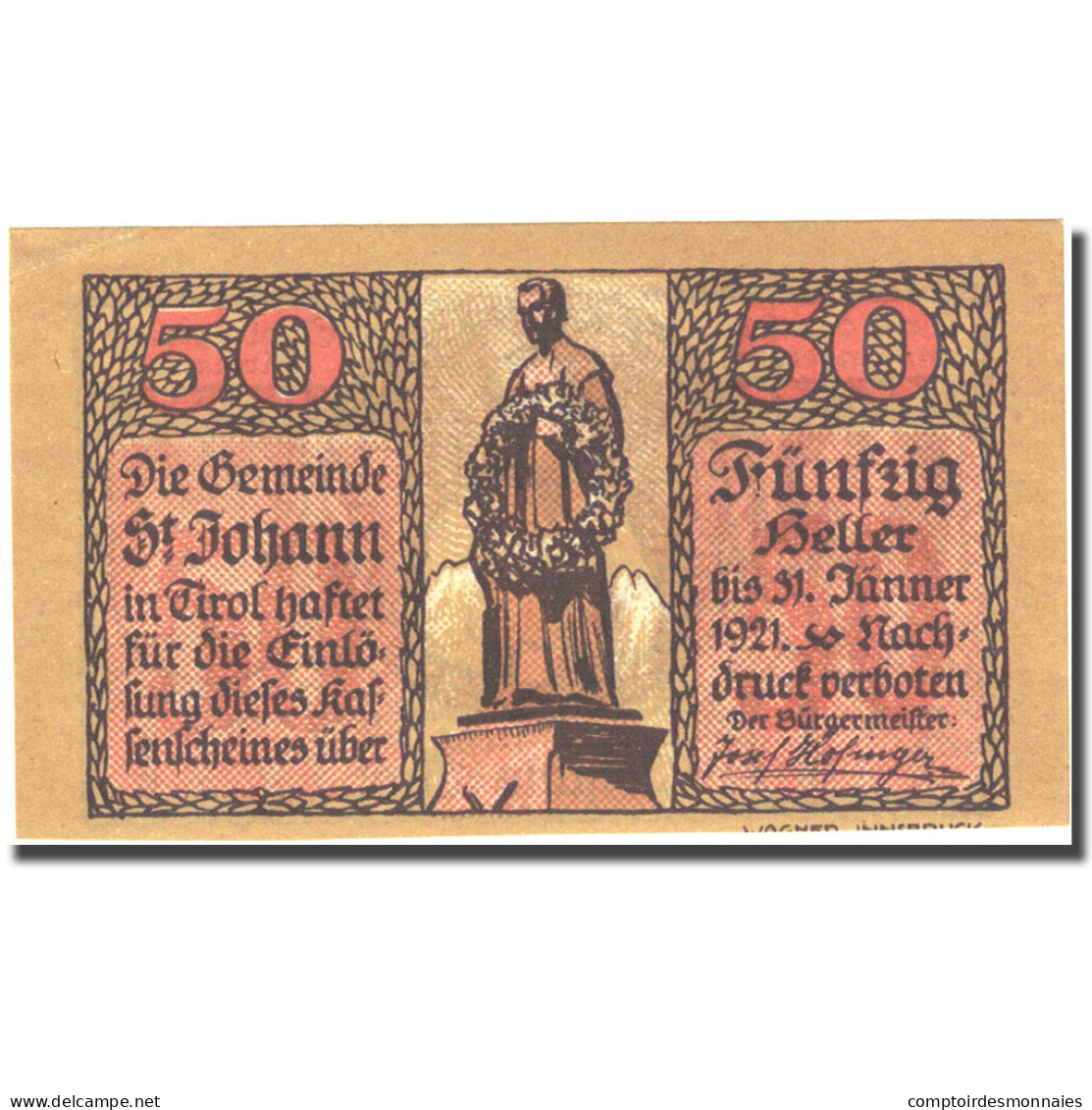 Billet, Autriche, St Johann, 50 Heller, Blason 1921-01-31, SPL, Mehl:FS 898a - Autriche