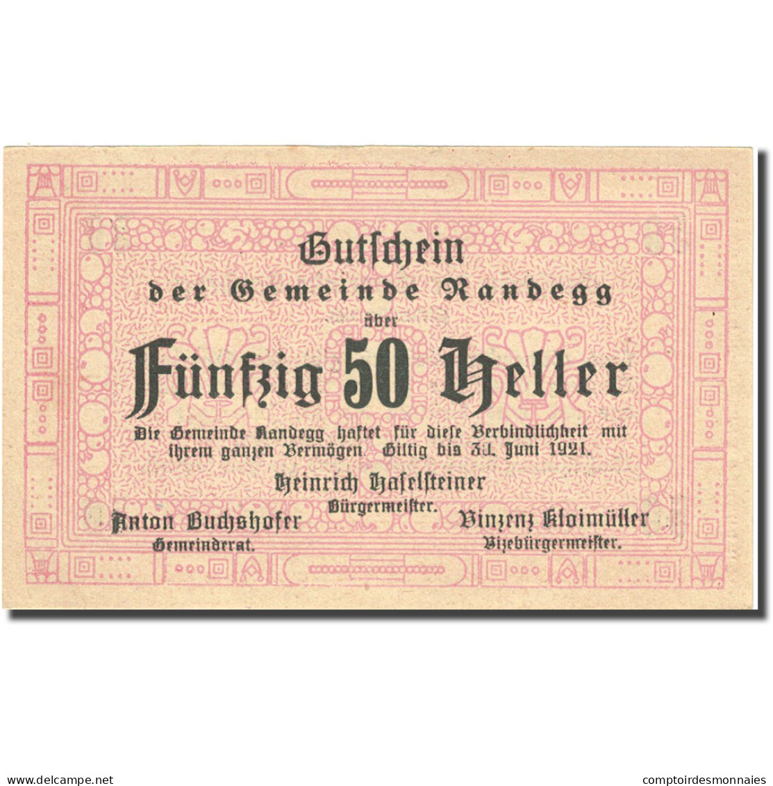 Billet, Autriche, Randegg, 50 Heller, Valeur Faciale 1921-06-31 SPL FS 817 - Autriche