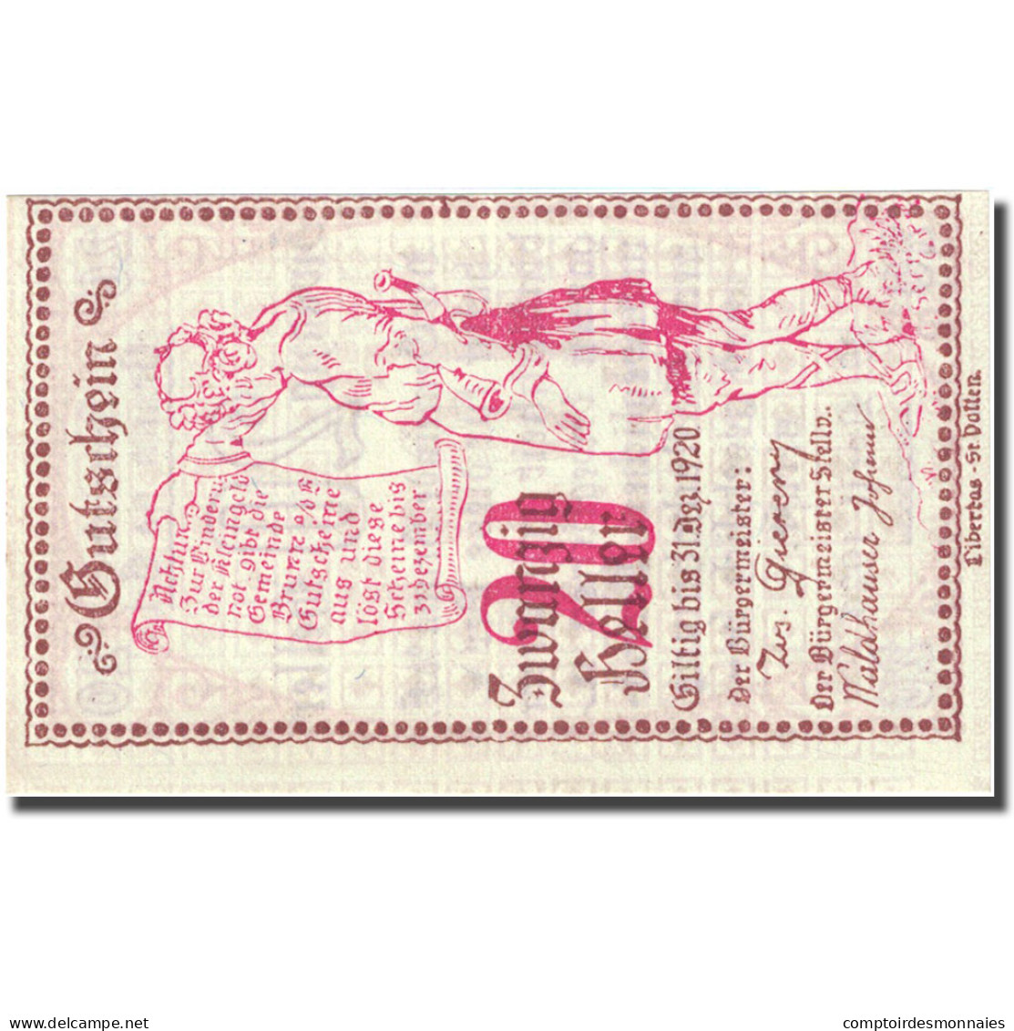 Billet, Autriche, Brunn, 20 Heller, Personnage 1920-04-29, SPL, Mehl:FS 110a - Autriche