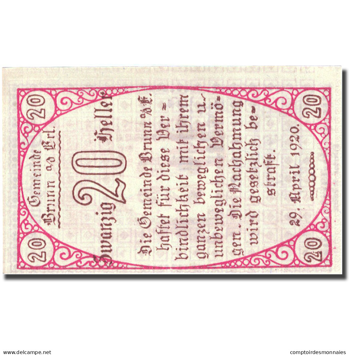 Billet, Autriche, Brunn, 20 Heller, Personnage 1920-04-29, SPL, Mehl:FS 110a - Autriche