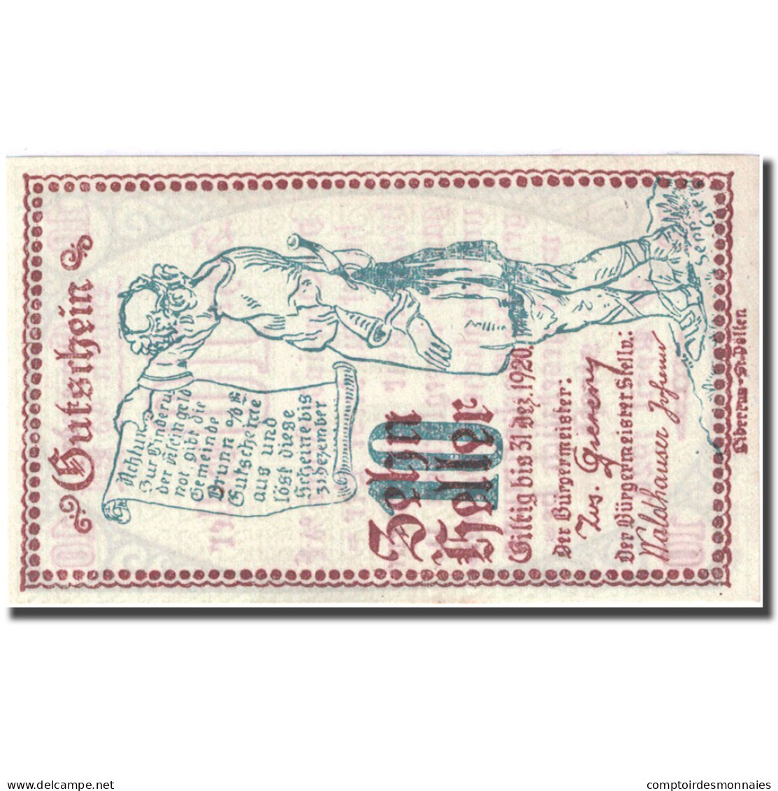 Billet, Autriche, Brunn, 10 Heller, Personnage 1920-04-29, SPL, Mehl:FS 110a - Autriche