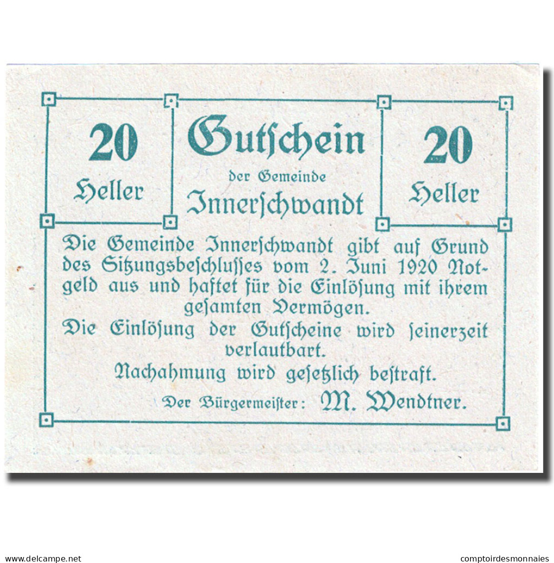 Billet, Autriche, Innerchwandt, 20 Heller, Chalet, 1920, 1920-06-02, SPL FS 408 - Austria