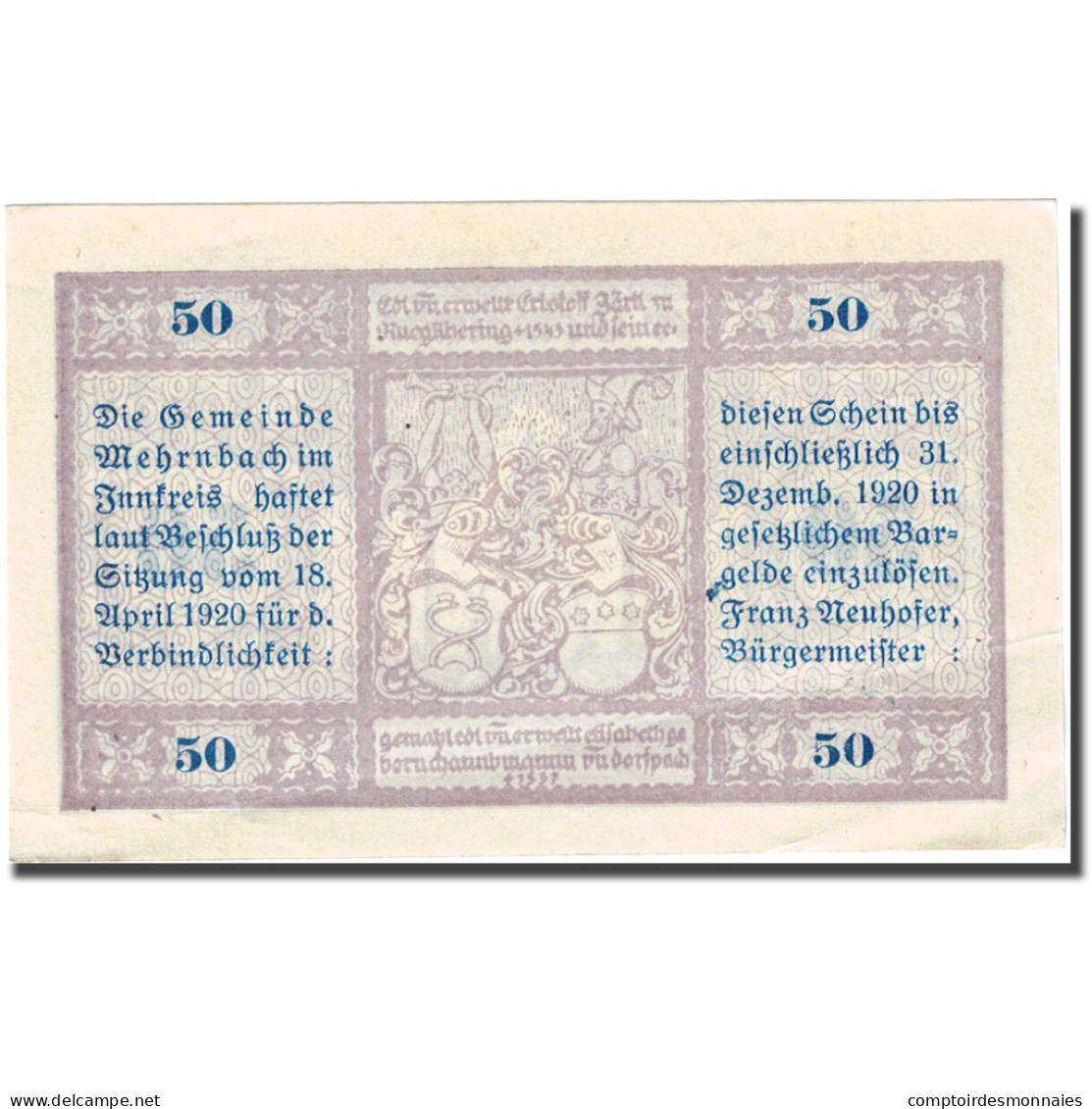 Billet, Autriche, Mehrnbach, 50 Heller, Monument 1920, 1920-12-31, TTB+ FS 604.3 - Austria