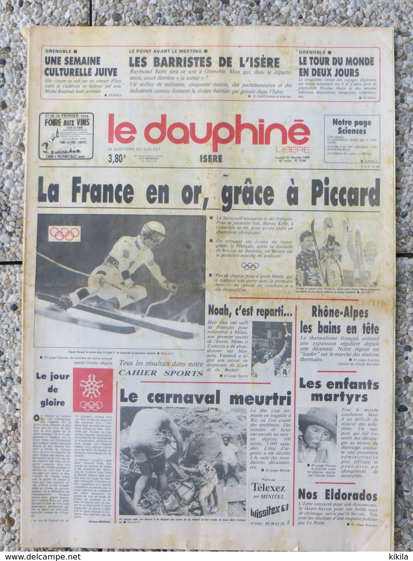 LE DAUPHINE LIBÉRÉ Du 22 Février 1988 Les XVèmes Jeux Olympiques D'hiver CALGARY Franck Piccard L'or En Super-géant* - 1950 - Nu