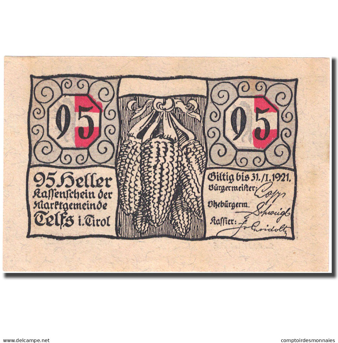 Billet, Autriche, Telfs, 95 Heller, épis, 1921, 1921-01-31, SPL, Mehl:FS 1061a - Autriche