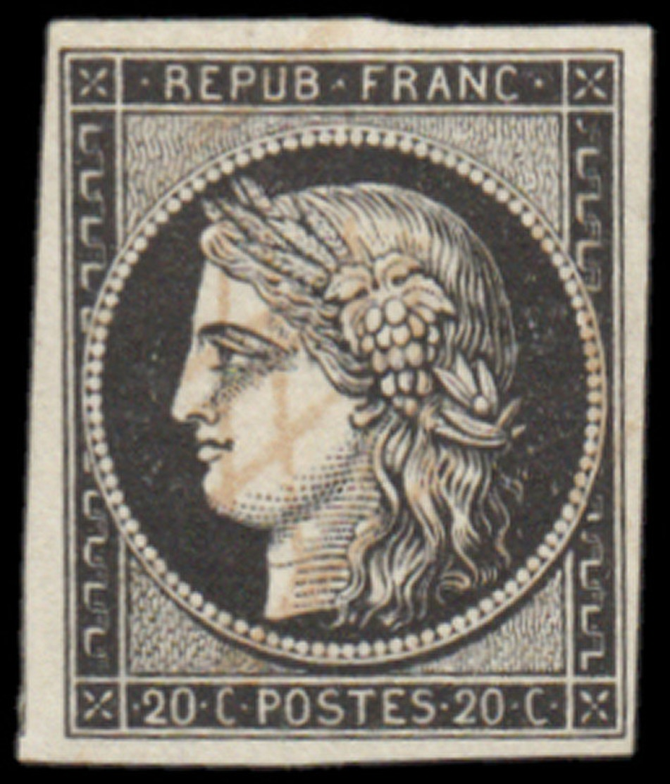 O FRANCE - Poste - 3, Bien Margé, Grille Rouge (pâle), Signé Guy: 20c. Noir - 1849-1850 Ceres