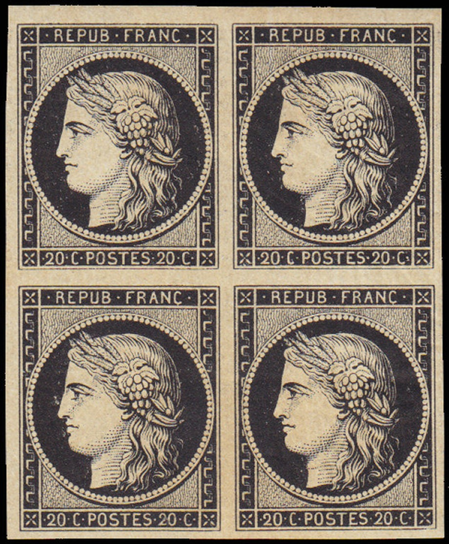 * FRANCE - Poste - 3b, Noir Sur Chamois, Bloc De 4 Pleine Gomme (brunâtre Par Endroit), Signé Brun: 20c. Cérès - 1849-1850 Ceres