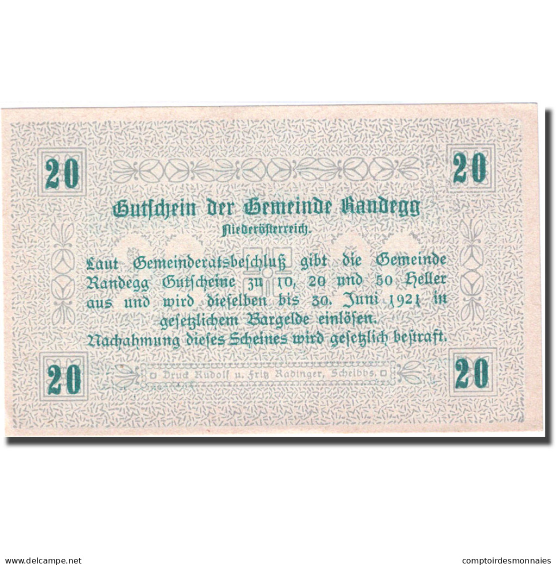 Billet, Autriche, Randegg, 20 Heller, Valeur Faciale 1921-06-30 SPL FS 817 - Autriche