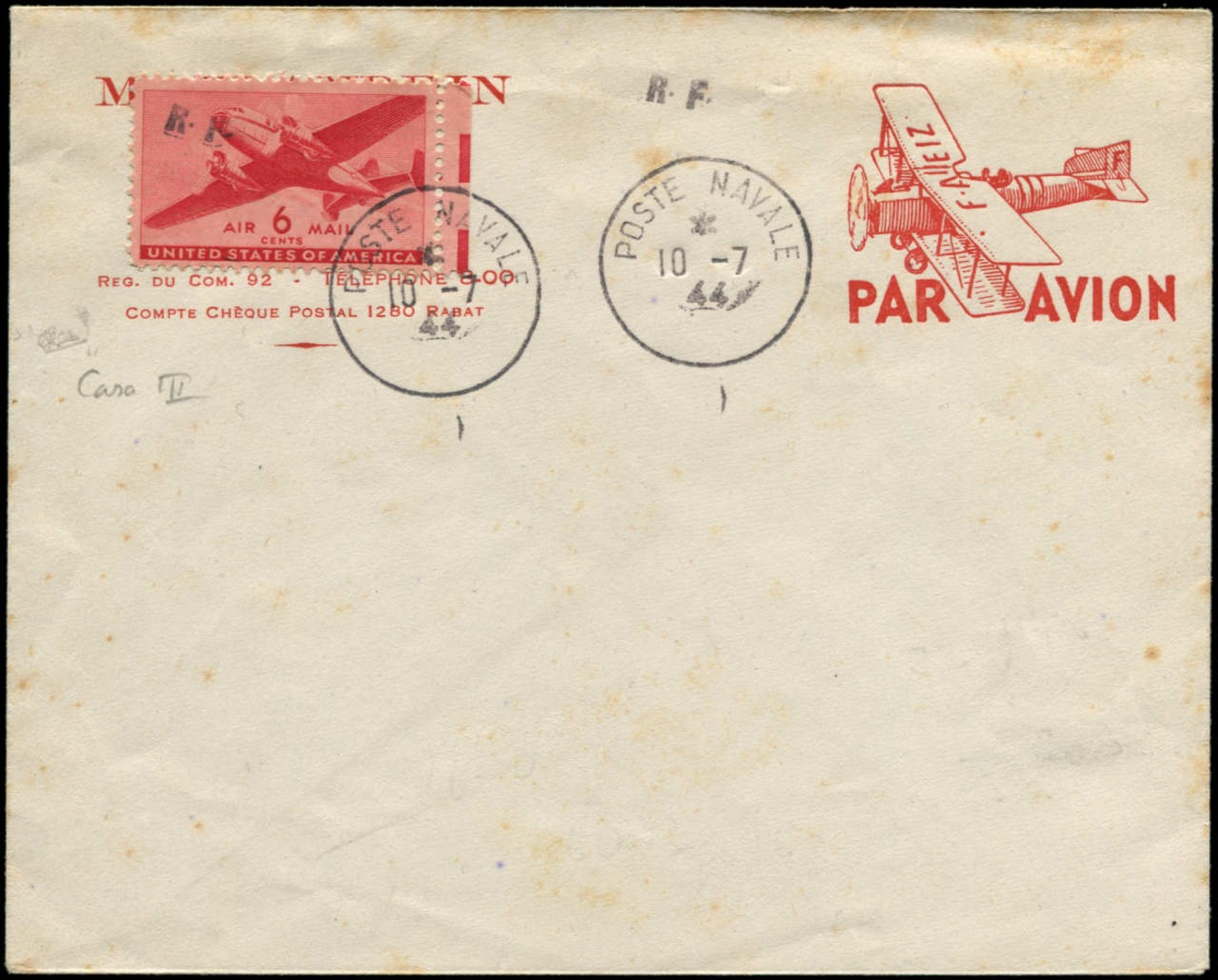 FRANCE - PA. Militaire US. (N° Et Cote Spink) - 10, Casablanca Type III Sur Lettre Non Voyagée, Signée Calves. (Rousseur - Other & Unclassified