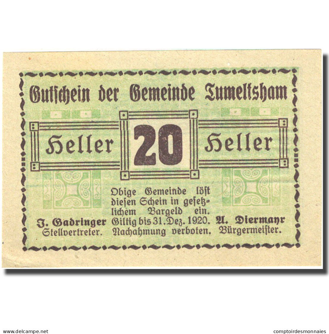 Billet, Autriche, Tumeltsham, 20 Heller, Valeur Faciale 1920-12-31 SPL FS 1085Ia - Autriche