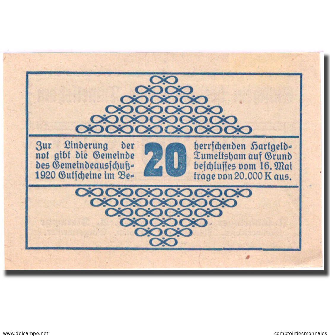 Billet, Autriche, Tumeltsham, 20 Heller, Valeur Faciale 1920-12-31 SPL FS 1085Ia - Autriche