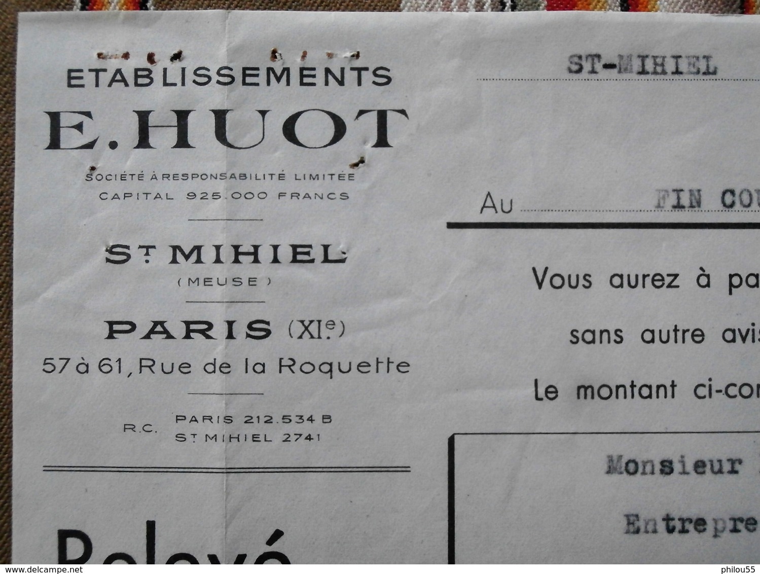 55 SAINT MIHIEL 75 PARIS 11   E. HUOT Fonderie De Cuivre - 1900 – 1949