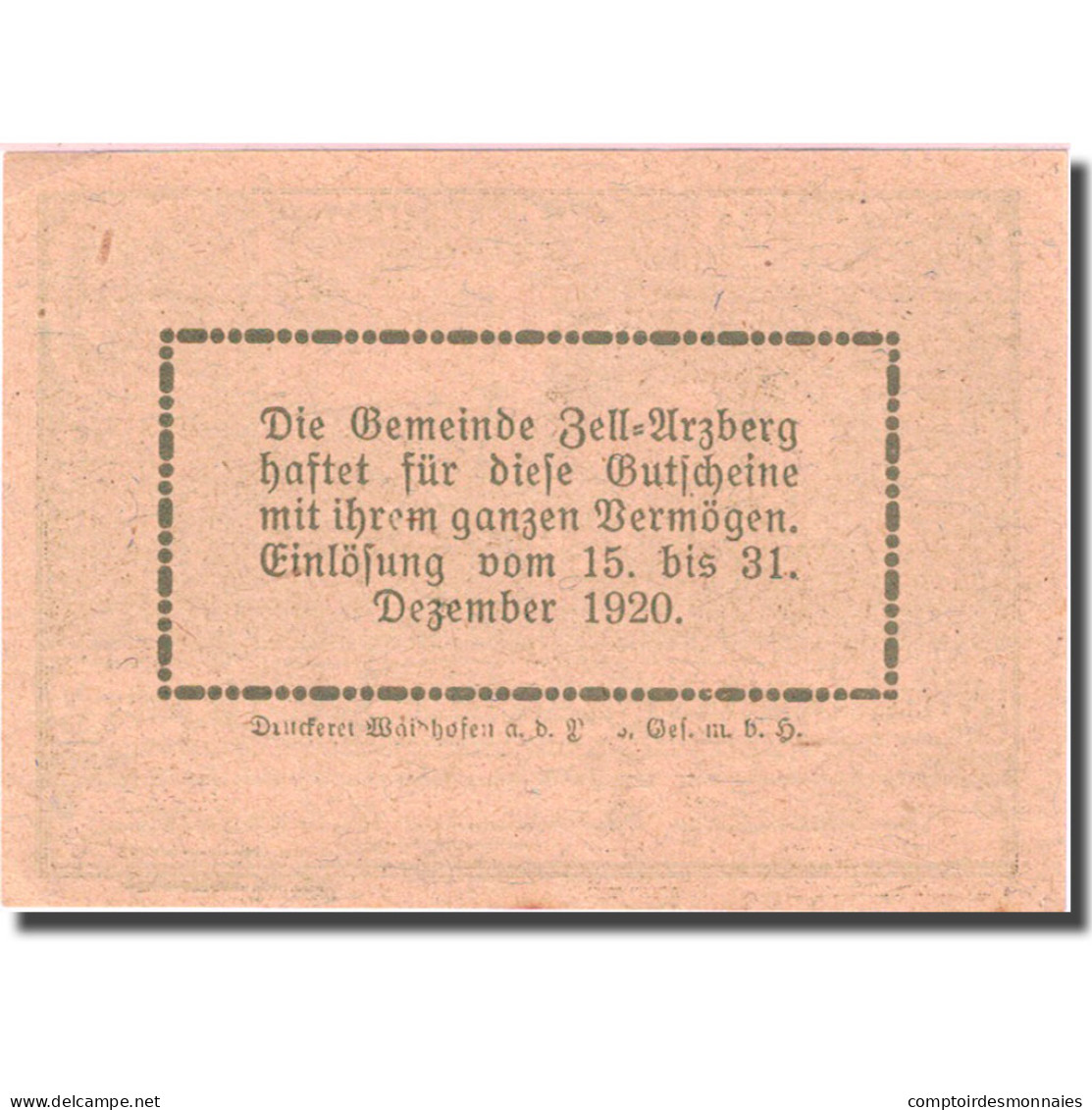 Billet, Autriche, Zell Arzberg, 20 Heller, Agriculteur 1920-12-31 SPL FS 1273a - Autriche